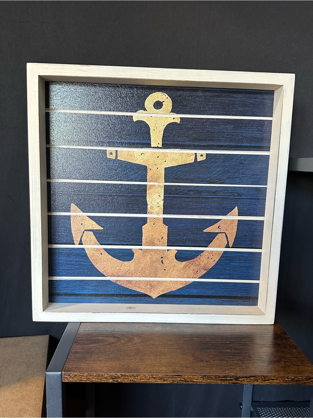 Nautical Anchor Wall Art - Blue and Gold Framed Sign